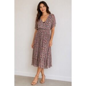 Nostalgia Vintage 90s Floral Crinkle Rayon Midi Dress Button Front Purple M